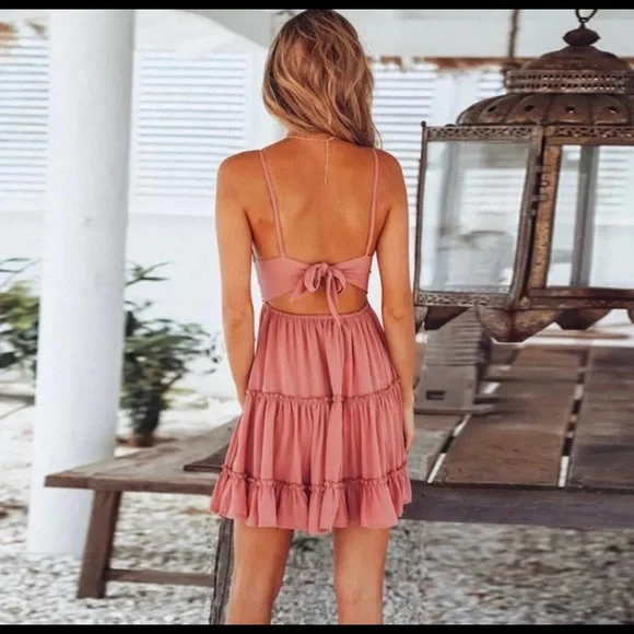 Pink Spaghetti Strap Backless Bow Knot Beach Dress - Picture 3 of 5